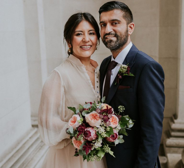 Bride and groom portrait at London Town hall wedding