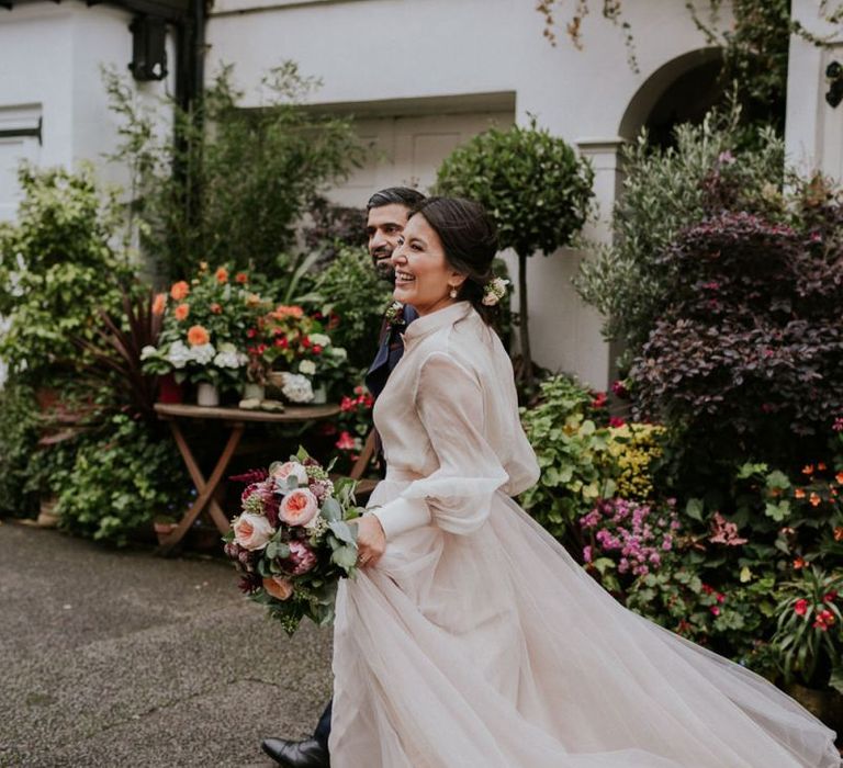 Bridal tulle skirt blowing in the wind