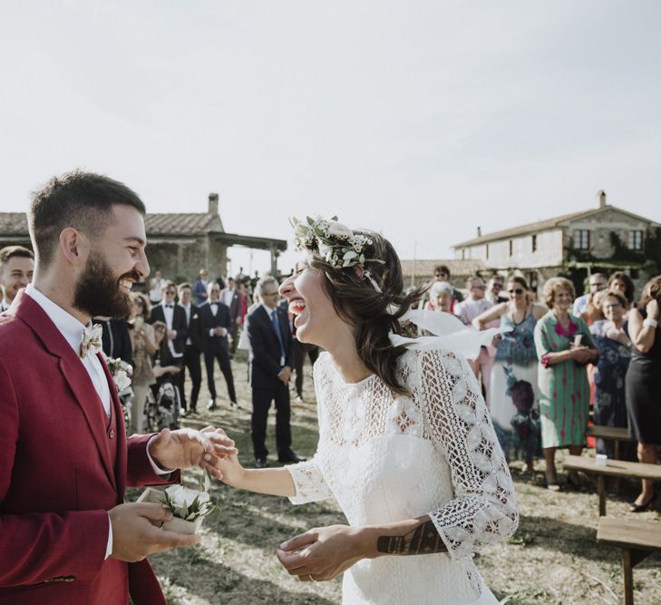 Bride in Laure de Sagazan wedding dress and flower crown