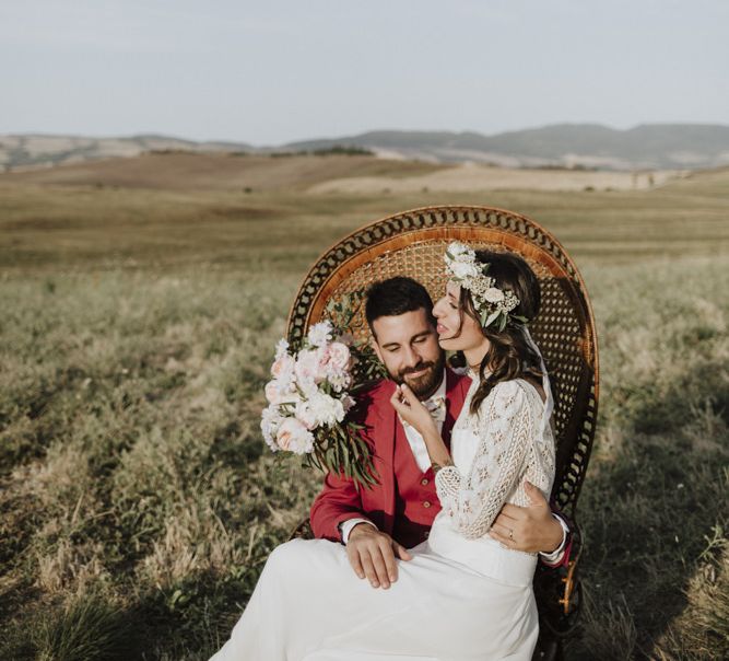 Peacock chair at Italian wedding with Laure de Sagazan dress