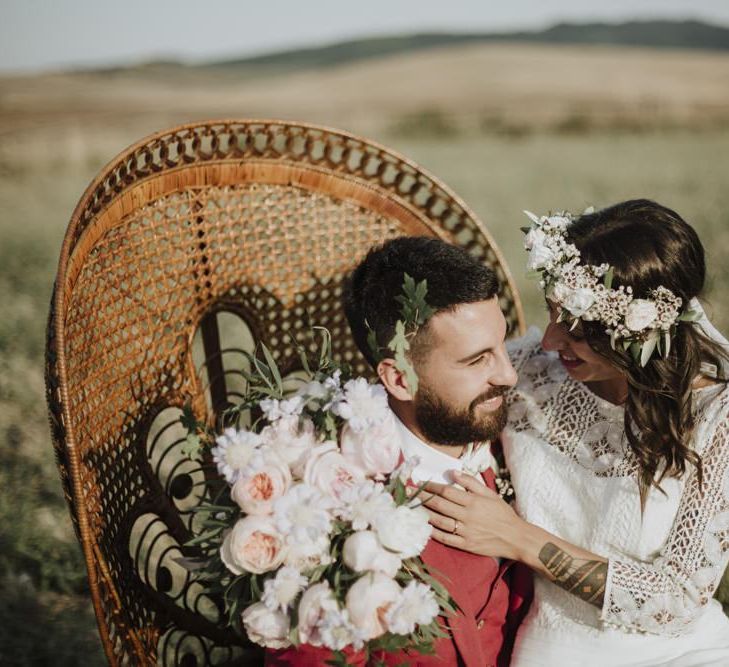 Laure de Sagazan bride dress with peacock chair at destination  weddings