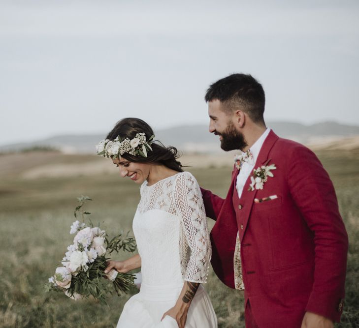 Red wedding suit with  Laure de Sagazan bride dress