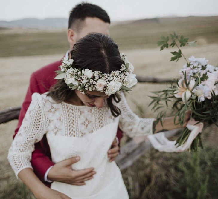 Bridal bouquet and flower crown for bride in  Laure de Sagazan wedding dress