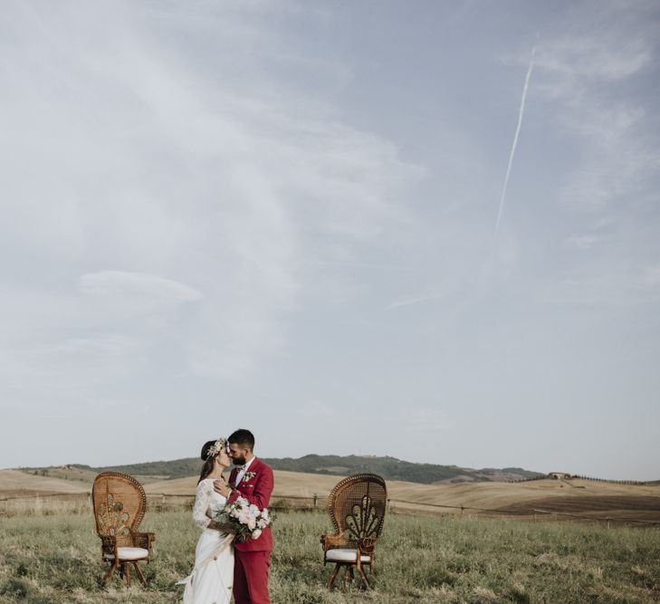 Italian wedding with Laure de Sagazan bride dress and peacock chairs