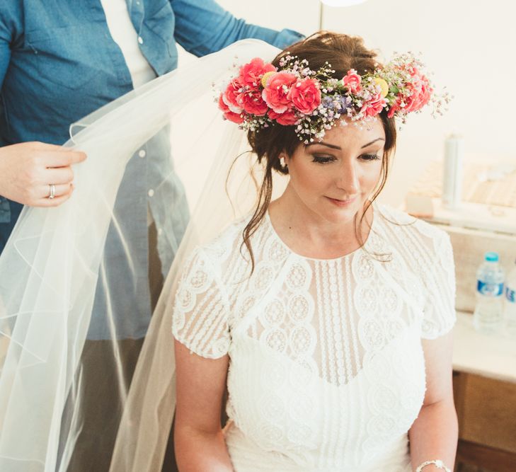 Flower Crown | Bride in Watters Gown | Bright Festival Themed Outdoor Ceremony &amp; Tipi Weeding |  Maryanne Weddings | Framed Beauty Film