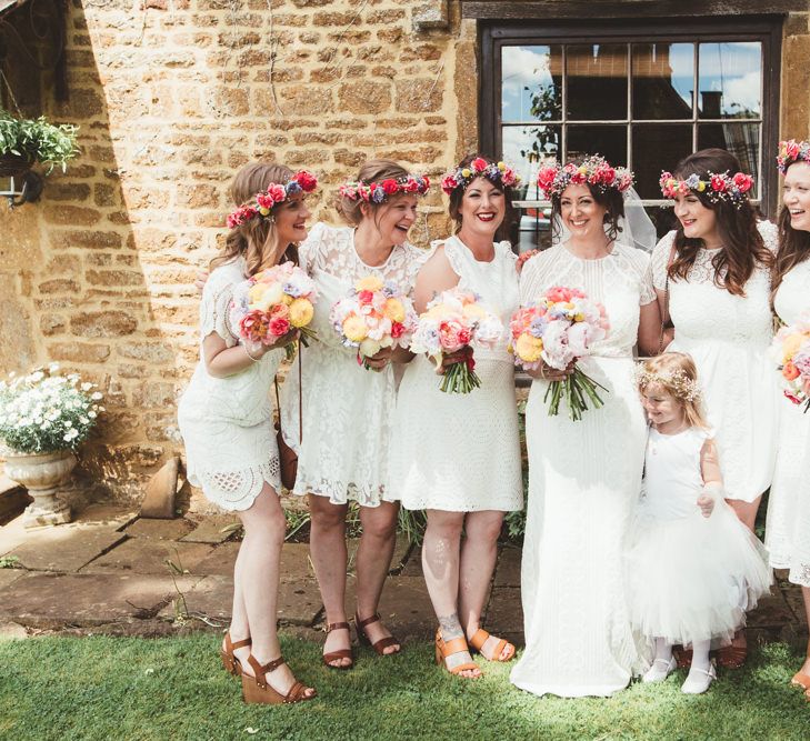 Bridal Party | Flower Crowns | Bridesmaids in Different White Dresses | Bride in Watters Gown | Bright Festival Themed Outdoor Ceremony &amp; Tipi Weeding |  Maryanne Weddings | Framed Beauty Film