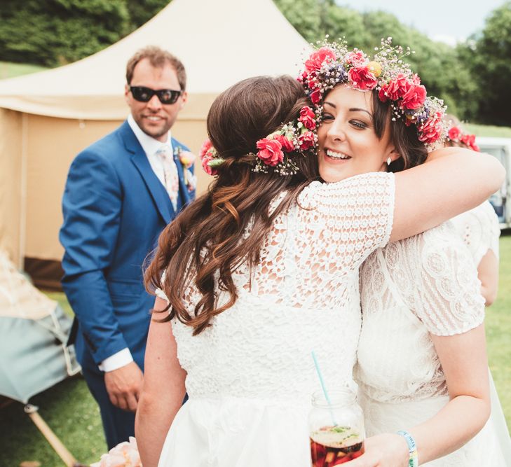 Bride in Lace Watters Gown &amp; Colourful Flower Crown | Bright Festival Themed Outdoor Ceremony &amp; Tipi Weeding |  Maryanne Weddings | Framed Beauty Film