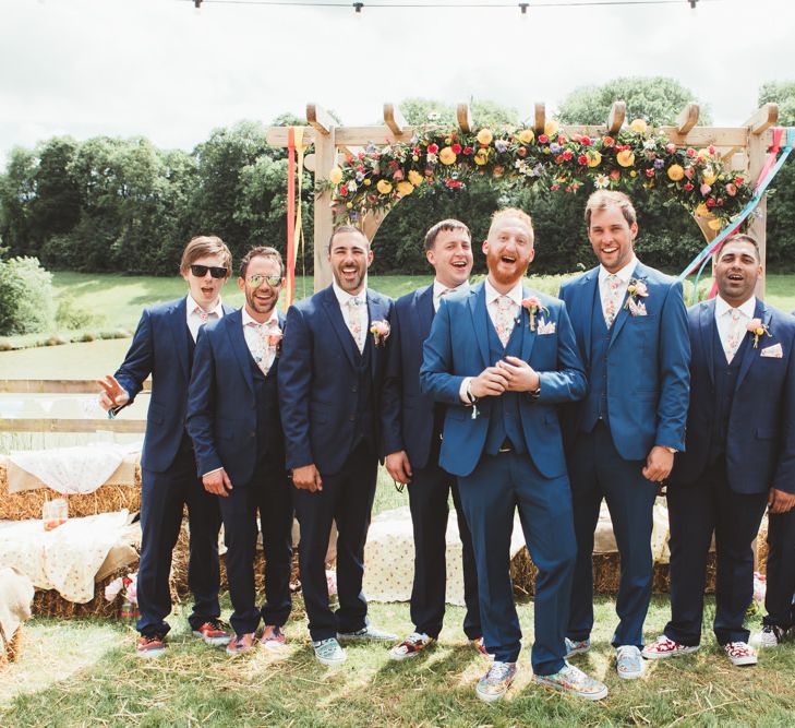 Groomsmen in Navy Suits | Bright Festival Themed Outdoor Ceremony &amp; Tipi Weeding |  Maryanne Weddings | Framed Beauty Film