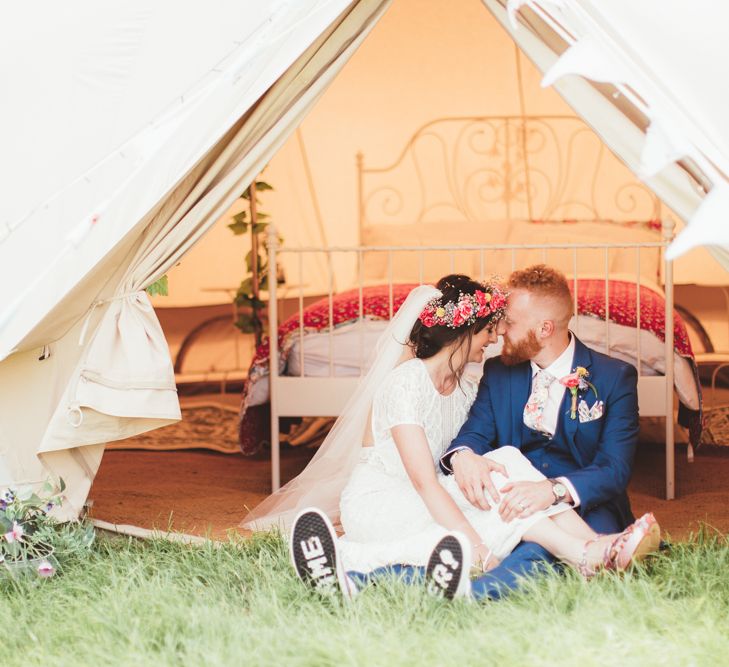 Glamping Bell Tent | Bride in Lace Watters Gown &amp; Colourful Flower Crown | Groom in Navy Suit | Bright Festival Themed Outdoor Ceremony &amp; Tipi Weeding |  Maryanne Weddings | Framed Beauty Film