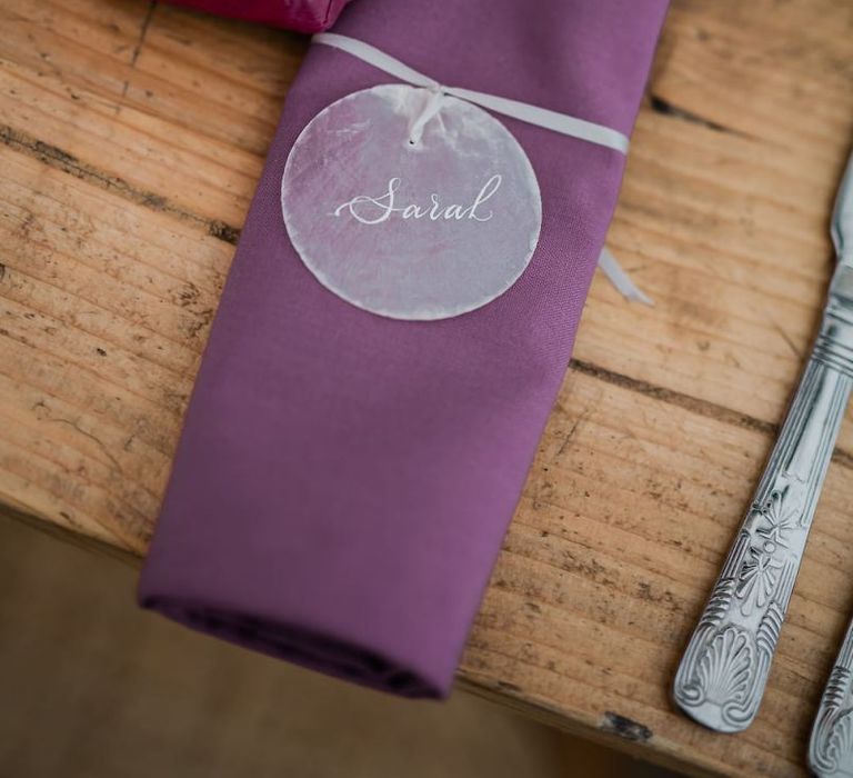 Purple Napkin with Clear Name Place Setting