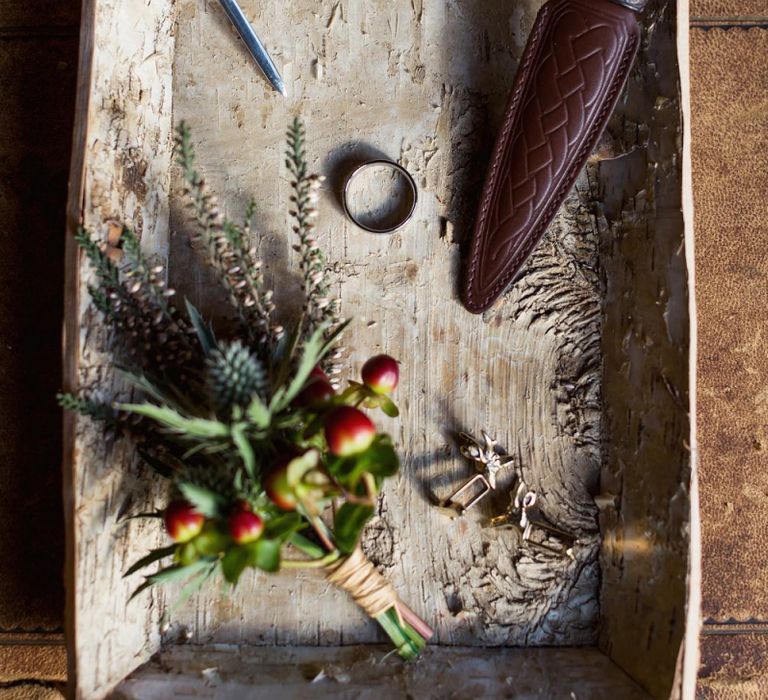 Scottish Grooms Wedding Accessories including Buttonhole, Cufflinks and  Wooden Sgian-dubh