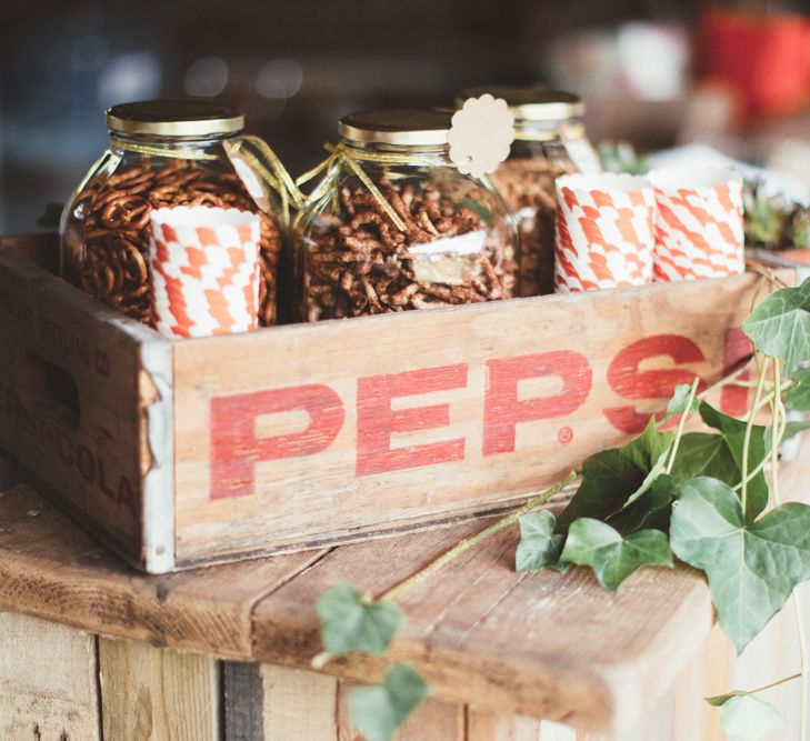 Vintage Pepsi Wooden Crate Filled with Jars of Pretzels and Twiglet Snacks