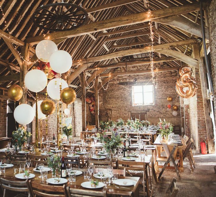 Montague Farm Barn Wedding Reception Decor with Fairy Lights,  Balloons and Wildflowers