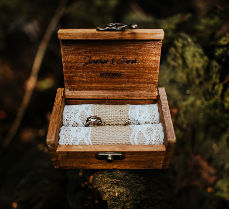 Wedding rings in personalised wooden box