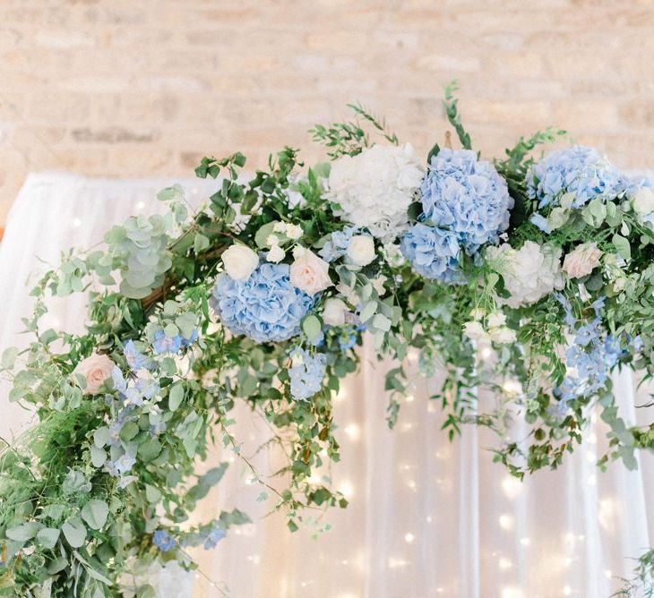 Blue and White Hydrangea Floral Arch with Foliage