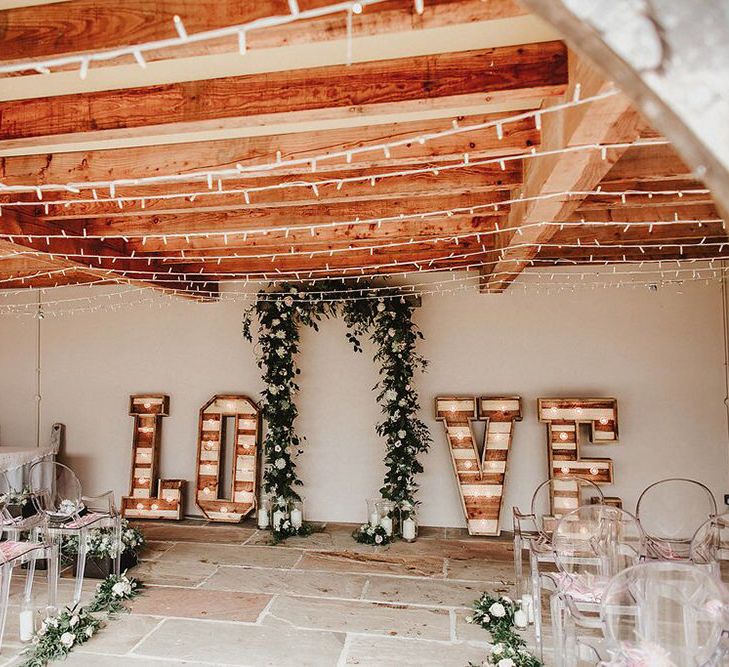 Aisle Style | Floral Arch | Giant Light Up LOVE Letters | Blush, Rustic Luxe Wedding at Ever After, Dartmoor | Dan Ward Photography | CupcakeVideos