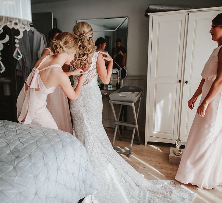 Wedding Morning Bridal Preparations | Bride in Lace Mikaella Bridal Gown | Bridesmaids in Blush Pink Maids to Measure Dresses | Blush, Rustic Luxe Wedding at Ever After, Dartmoor | Dan Ward Photography | CupcakeVideos