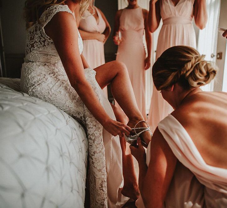 Wedding Morning Bridal Preparations | Bride in Lace Mikaella Bridal Gown | Bridesmaids in Blush Pink Maids to Measure Dresses | Blush, Rustic Luxe Wedding at Ever After, Dartmoor | Dan Ward Photography | CupcakeVideos