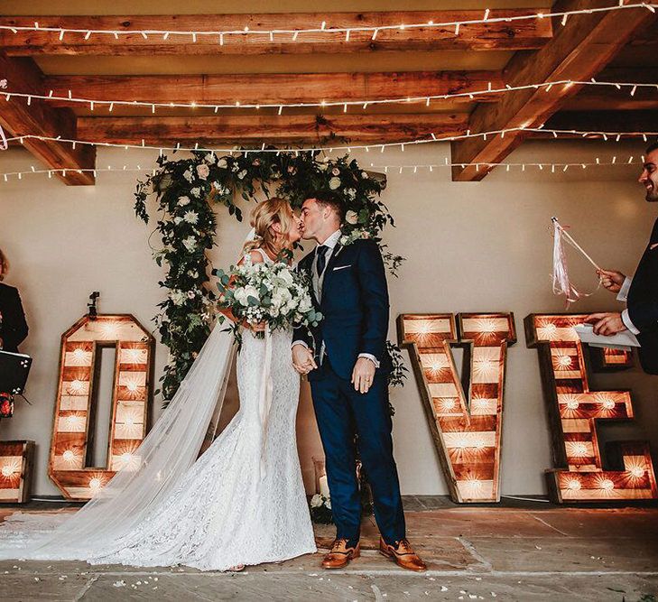 Wedding Ceremony | Bride in Lace Mikaella Bridal Gown | Groom in Navy Remus Uomo Suit &amp; Grey Waistcoat | Blush, Rustic Luxe Wedding at Ever After, Dartmoor | Dan Ward Photography | CupcakeVideos