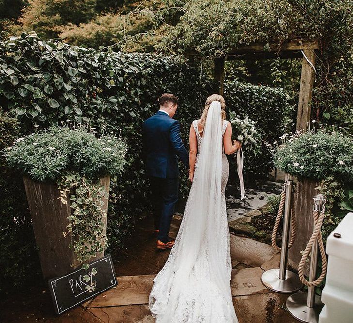 Bride in Lace Mikaella Bridal Gown | Groom in Navy Remus Uomo Suit &amp; Grey Waistcoat | Blush, Rustic Luxe Wedding at Ever After, Dartmoor | Dan Ward Photography | CupcakeVideos