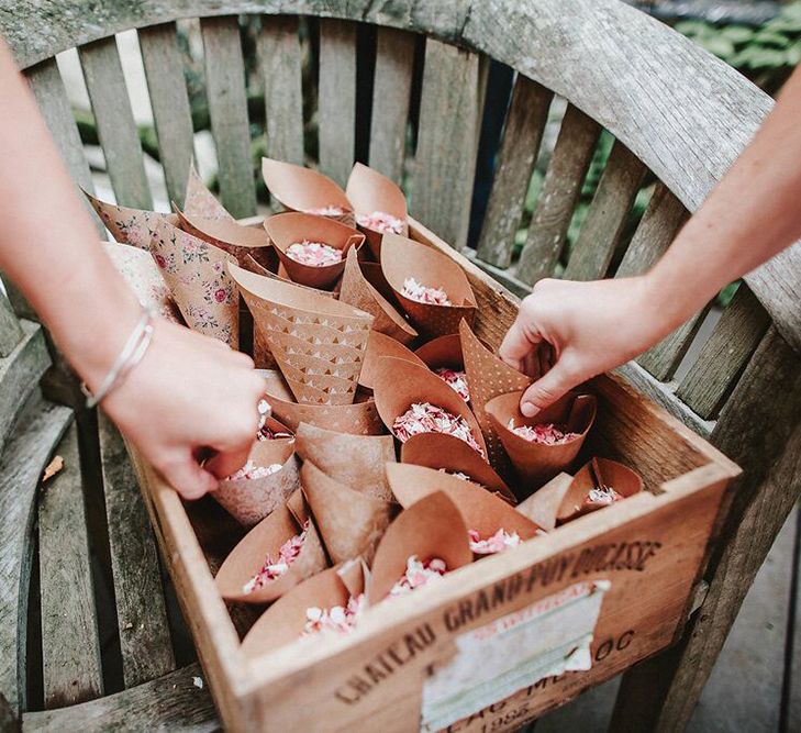 Craft Paper Confetti Cones | Blush, Rustic Luxe Wedding at Ever After, Dartmoor | Dan Ward Photography | CupcakeVideos