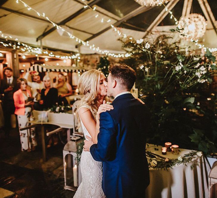 Bride in Lace Mikaella Bridal Gown | Groom in Navy Remus Uomo Suit &amp; Grey Waistcoat | Blush, Rustic Luxe Wedding at Ever After, Dartmoor | Dan Ward Photography | CupcakeVideos