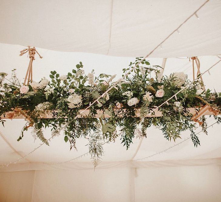 Hanging Floral Installation | Blush, Rustic Luxe Wedding at Ever After, Dartmoor | Dan Ward Photography | CupcakeVideos