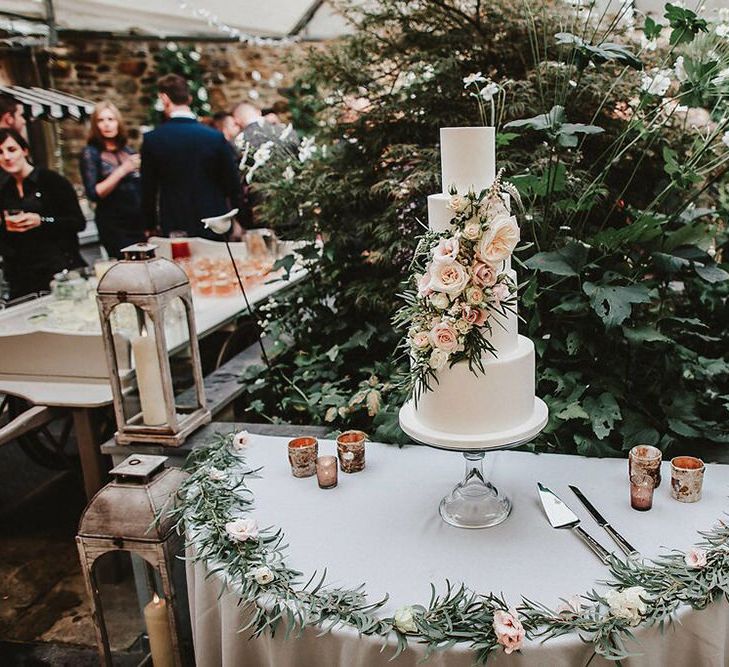 Edible Essence Wedding Cake Table with Floral Decor | Blush, Rustic Luxe Wedding at Ever After, Dartmoor | Dan Ward Photography | CupcakeVideos