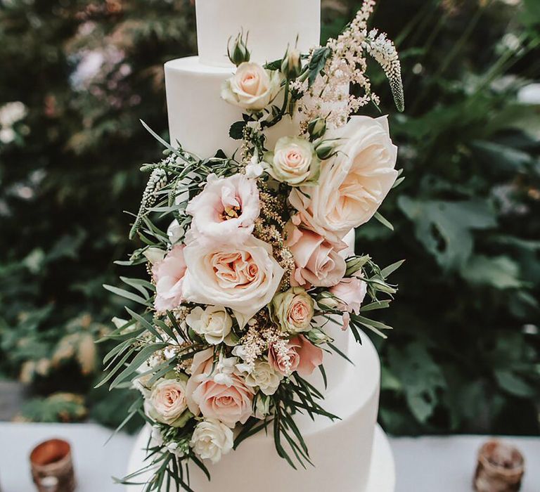 Edible Essence Wedding Cake with Trailing Flower Decor | Blush, Rustic Luxe Wedding at Ever After, Dartmoor | Dan Ward Photography | CupcakeVideos