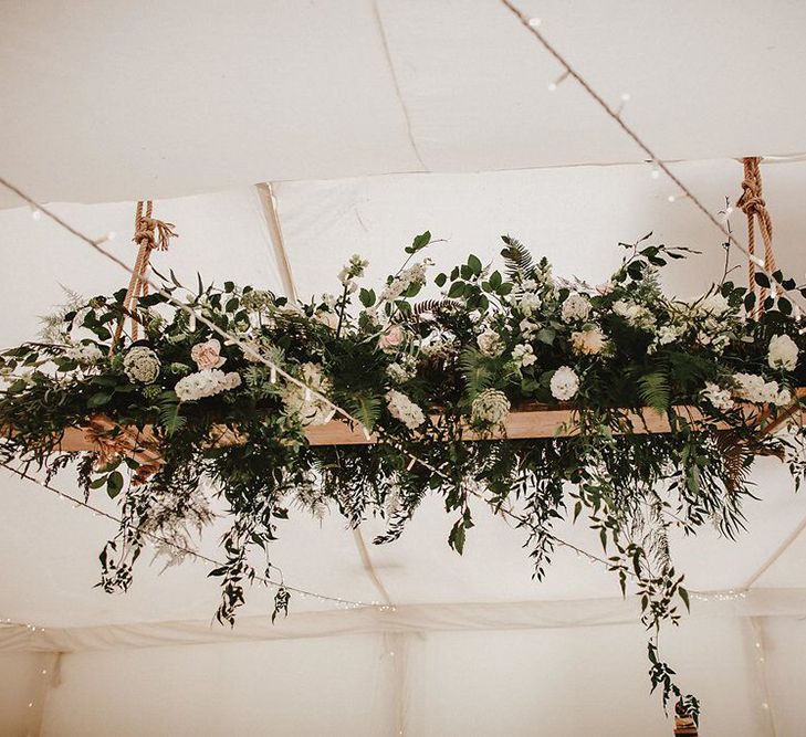 Hanging Floral Installation | Blush, Rustic Luxe Wedding at Ever After, Dartmoor | Dan Ward Photography | CupcakeVideos