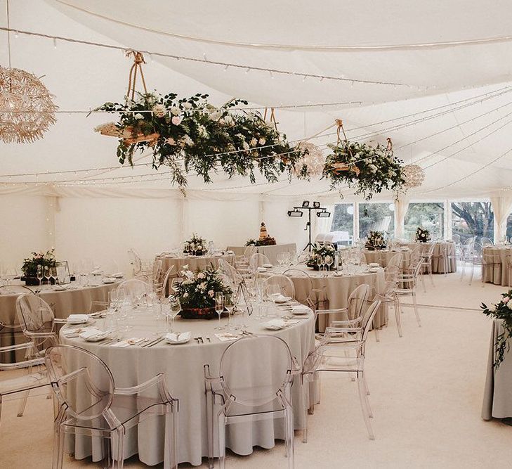 Marquee Reception with Hanging Floral Installation, Grey Table Cloths &amp; Ghost Chairs | Blush, Rustic Luxe Wedding at Ever After, Dartmoor | Dan Ward Photography | CupcakeVideos