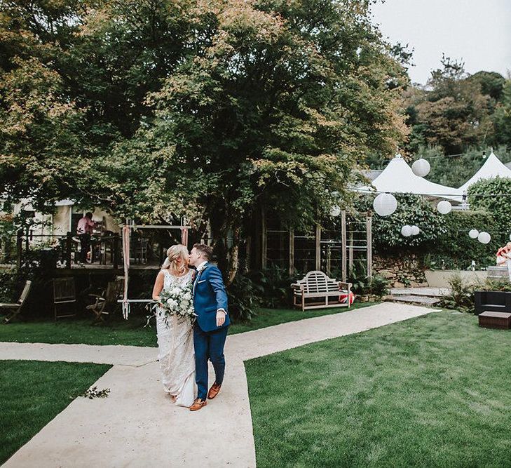 Bride in Lace Mikaella Bridal Gown | Groom in Navy Remus Uomo Suit &amp; Grey Waistcoat | Blush, Rustic Luxe Wedding at Ever After, Dartmoor | Dan Ward Photography | CupcakeVideos