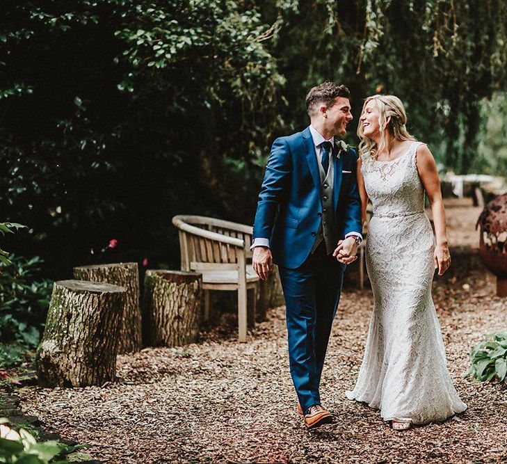 Bride in Lace Mikaella Bridal Gown | Groom in Navy Remus Uomo Suit &amp; Grey Waistcoat | Blush, Rustic Luxe Wedding at Ever After, Dartmoor | Dan Ward Photography | CupcakeVideos