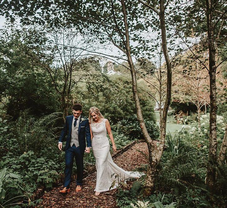 Bride in Lace Mikaella Bridal Gown | Groom in Navy Remus Uomo Suit &amp; Grey Waistcoat | Blush, Rustic Luxe Wedding at Ever After, Dartmoor | Dan Ward Photography | CupcakeVideos