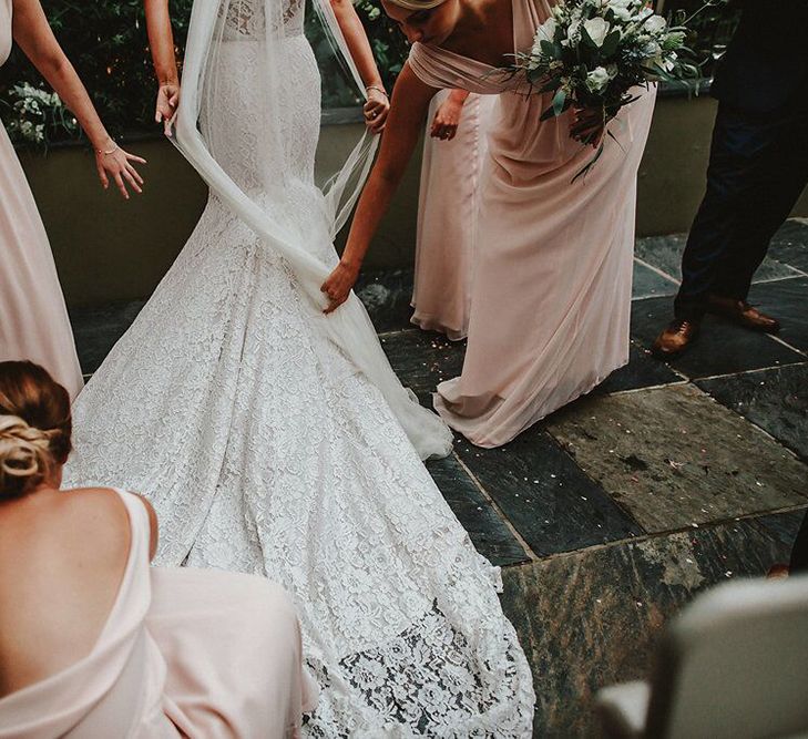 Bride in Lace Mikaella Bridal Gown | Bridesmaids in Blush Pink Maids to Measure Dresses | Blush, Rustic Luxe Wedding at Ever After, Dartmoor | Dan Ward Photography | CupcakeVideos