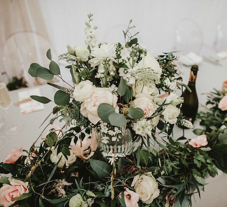 White, Blush &amp; Green Floral Centrepiece | Blush, Rustic Luxe Wedding at Ever After, Dartmoor | Dan Ward Photography | CupcakeVideos