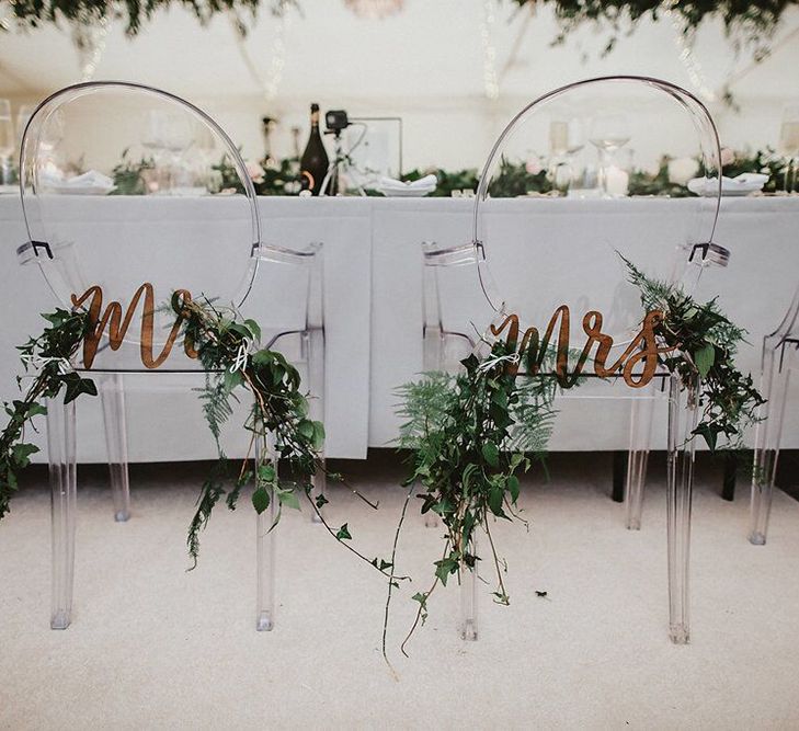 Ghost Chair Back Floral Mrs &amp; Mrs Decor | Blush, Rustic Luxe Wedding at Ever After, Dartmoor | Dan Ward Photography | CupcakeVideos