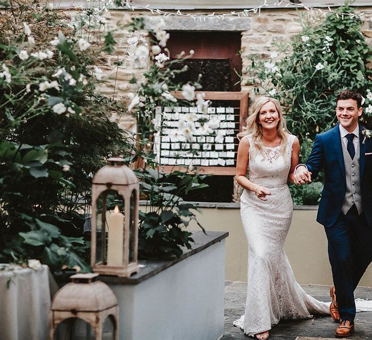 Bride in Lace Mikaella Bridal Gown | Groom in Navy Remus Uomo Suit &amp; Grey Waistcoat | Blush, Rustic Luxe Wedding at Ever After, Dartmoor | Dan Ward Photography | CupcakeVideos