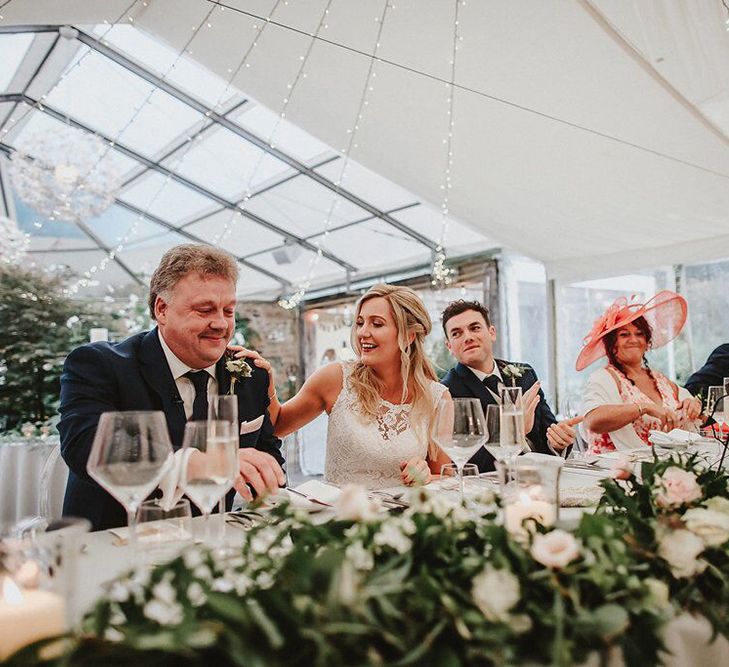 Reception Speeches | Bride in Lace Mikaella Bridal Gown | Groom in Navy Remus Uomo Suit &amp; Grey Waistcoat | Blush, Rustic Luxe Wedding at Ever After, Dartmoor | Dan Ward Photography | CupcakeVideos