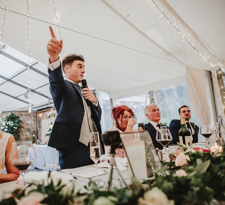 Reception Speeches | Bride in Lace Mikaella Bridal Gown | Groom in Navy Remus Uomo Suit &amp; Grey Waistcoat | Blush, Rustic Luxe Wedding at Ever After, Dartmoor | Dan Ward Photography | CupcakeVideos