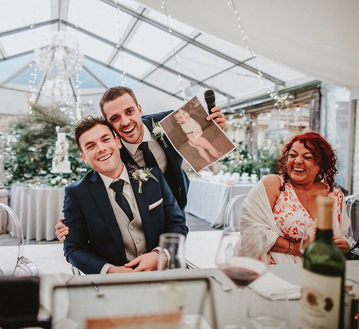 Reception Speeches | Groom in Navy Remus Uomo Suit &amp; Grey Waistcoat | Blush, Rustic Luxe Wedding at Ever After, Dartmoor | Dan Ward Photography | CupcakeVideos