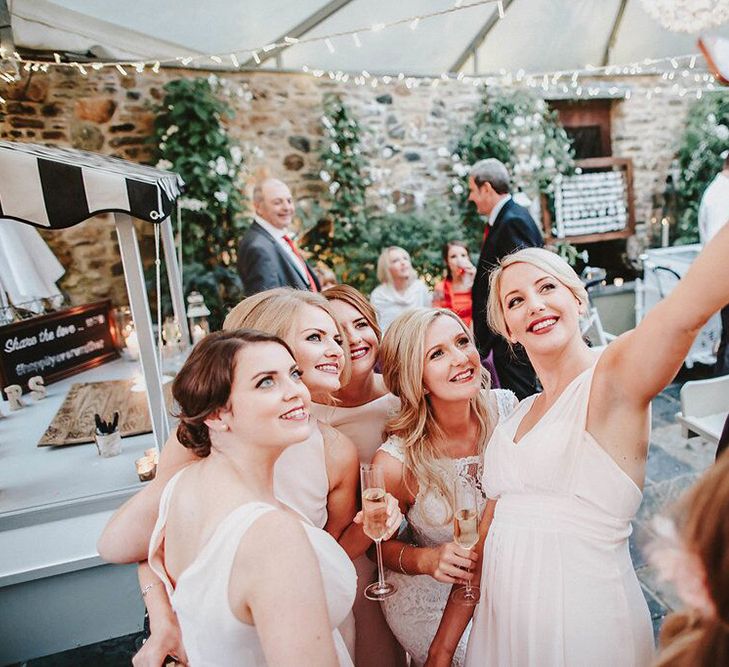 Selfie | Bridesmaids in Blush Pink Maids to Measure Dresses | Bride in Lace Mikaella Bridal Gown | Blush, Rustic Luxe Wedding at Ever After, Dartmoor | Dan Ward Photography | CupcakeVideos