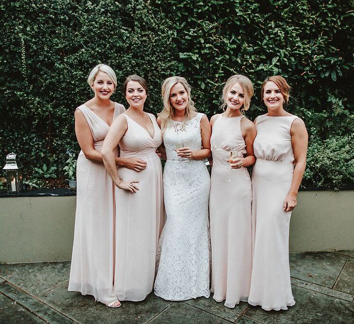 Bridesmaids in Blush Pink Maids to Measure Dresses | Bride in Lace Mikaella Bridal Gown | Blush, Rustic Luxe Wedding at Ever After, Dartmoor | Dan Ward Photography | CupcakeVideos