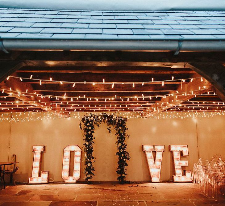 Fairy Lights | Floral Arch | Giant Light Up LOVE Letters | Blush, Rustic Luxe Wedding at Ever After, Dartmoor | Dan Ward Photography | CupcakeVideos