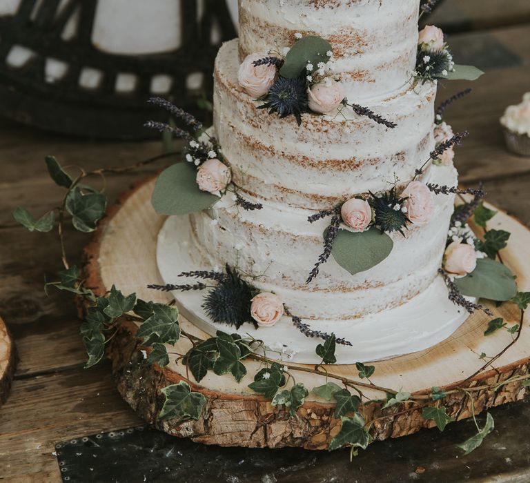 Semi Naked Wedding Cake // Scottish Wedding With Ceilidh At Axnoller Dorset With Bohemian Styling Outdoor Wedding Ceremony With Images From Paul Underhill Dorset Wedding Photographer