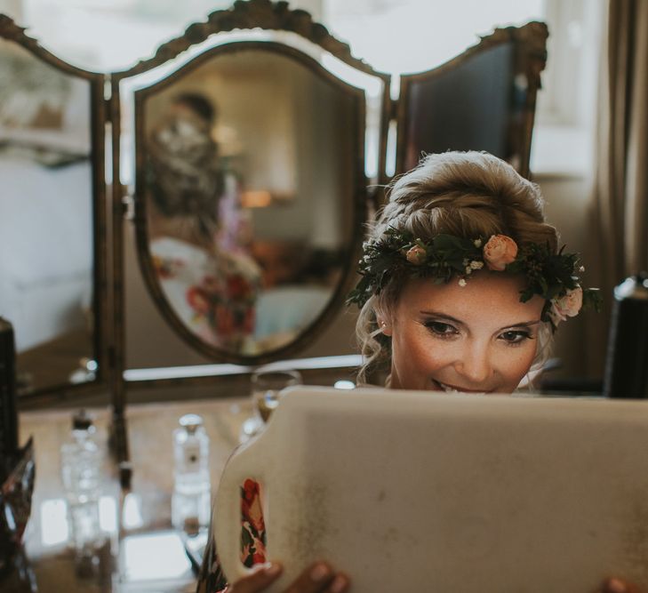 Bride In Floral Crown // Scottish Wedding With Ceilidh At Axnoller Dorset With Bohemian Styling Outdoor Wedding Ceremony With Images From Paul Underhill Dorset Wedding Photographer