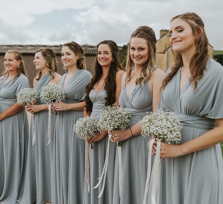 Bridesmaids In Pale Grey Blue Multiway Dresses // Scottish Wedding With Ceilidh At Axnoller Dorset With Bohemian Styling Outdoor Wedding Ceremony With Images From Paul Underhill Dorset Wedding Photographer