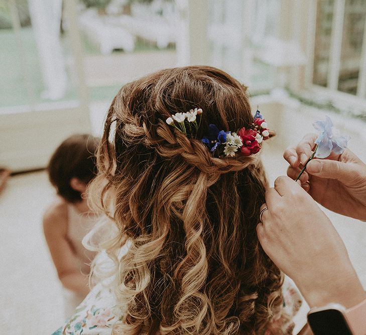 Half Up Half Down Bridal Hair with Fresh Flowers | English Country Garden Marquee Wedding at the Family Home on the Isle of Wight | Jason Mark Harris Photography