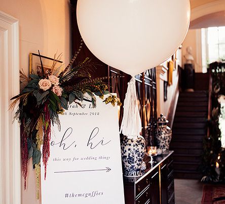 'Oh Hi' Wedding Welcome sign with Foliage, Red Flowers and Pheasant Feather