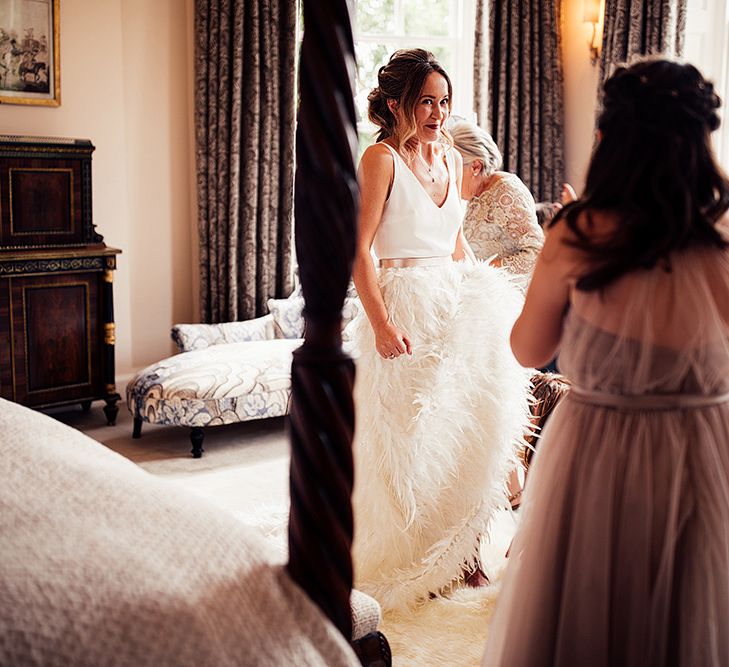 Wedding Morning Bridal Preparations with Bride in Charlie Brear Payton Bridal Gown &amp; Piora Feather Skirt